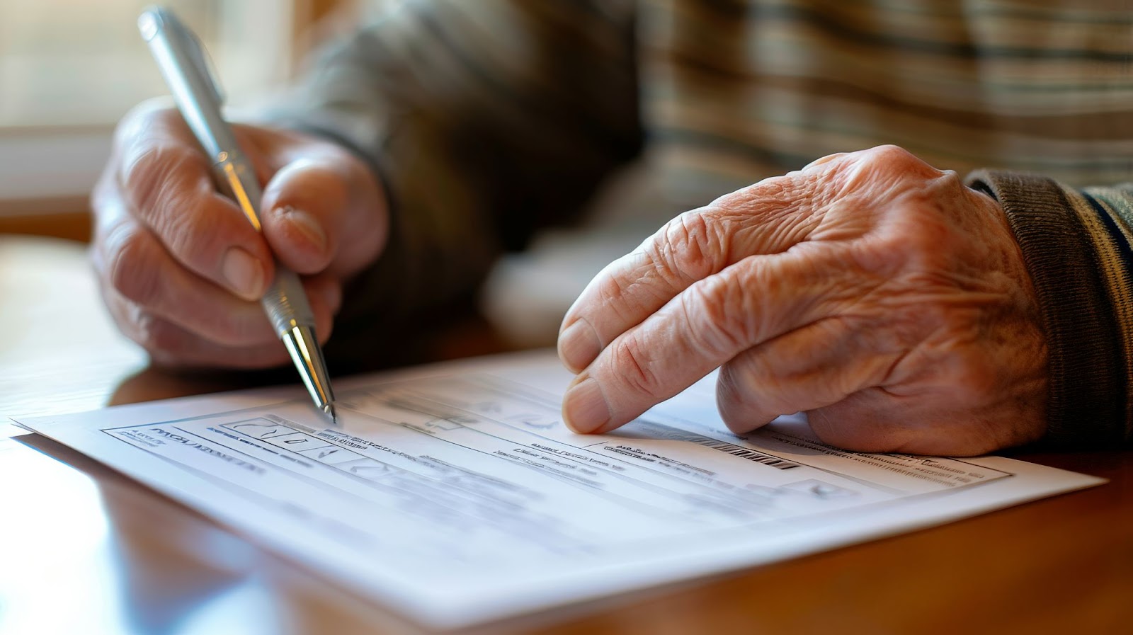 An elderly person signing documents related to aged care reforms