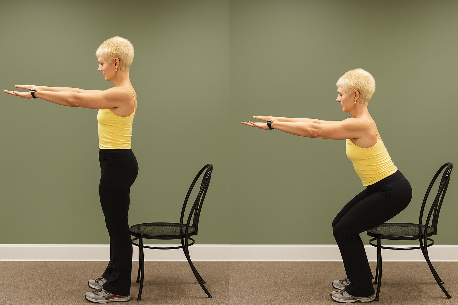 Chair Squats demonstrating safe sitting and standing movements using a chair for support